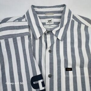 Lee Men Slim Fit Striped Button Down Shirt Grey White Long Sleeve XL Logo Sleeve